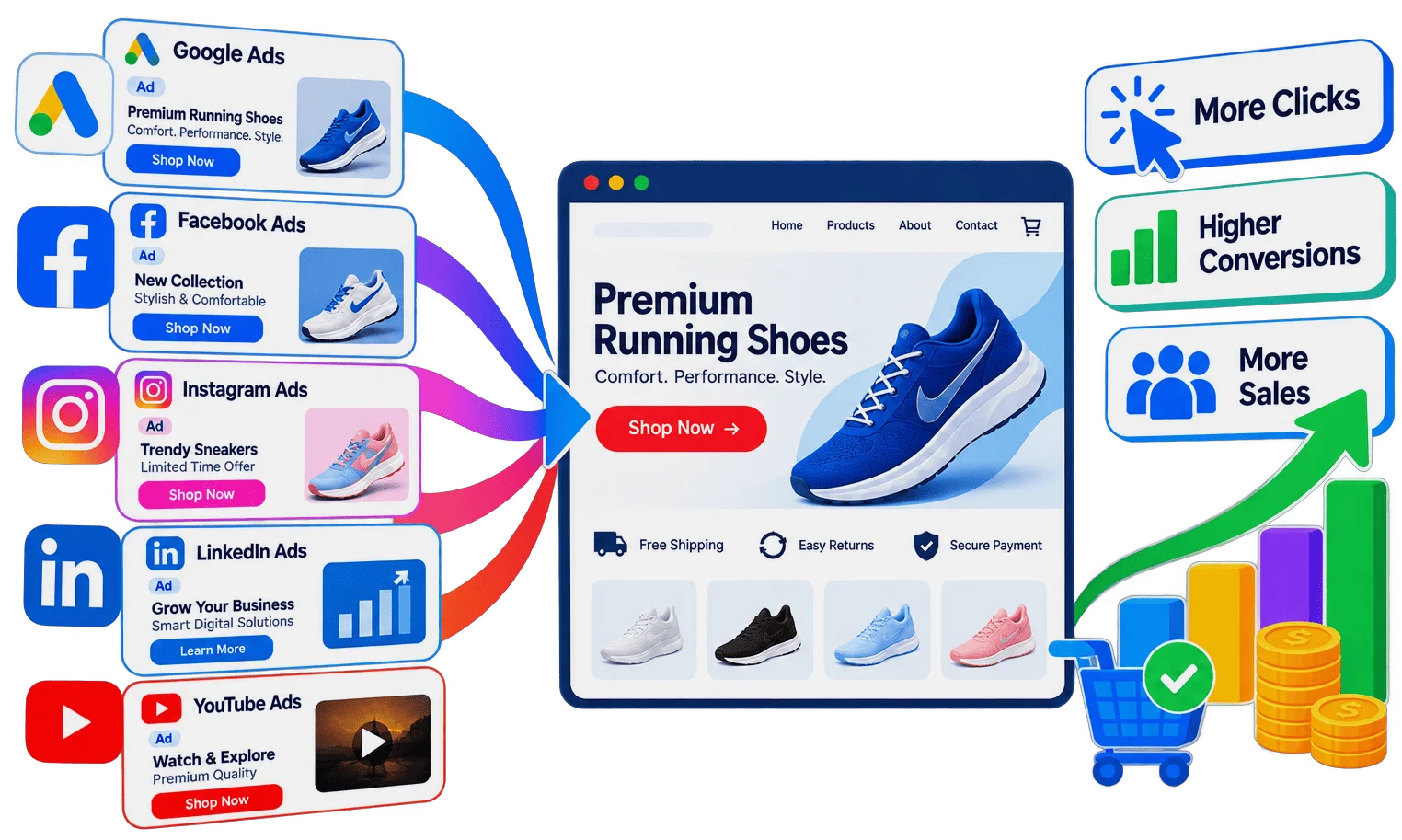 Landing pages for ad campaigns Illustration of digital marketing campaign results
