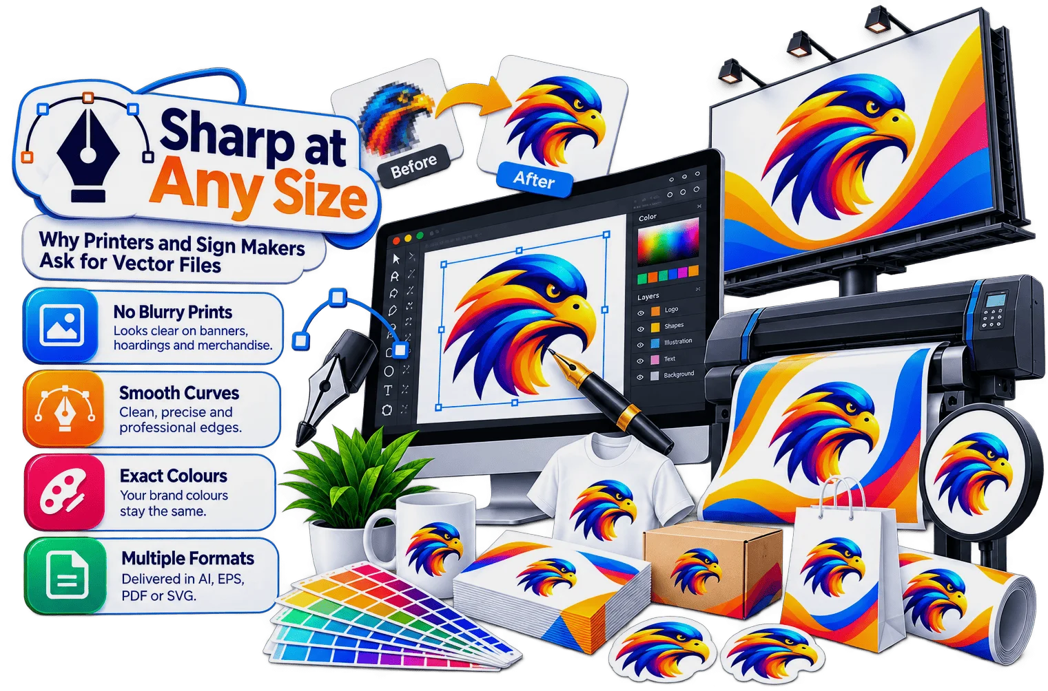 Illustration of a designer drawing vector artwork on a laptop