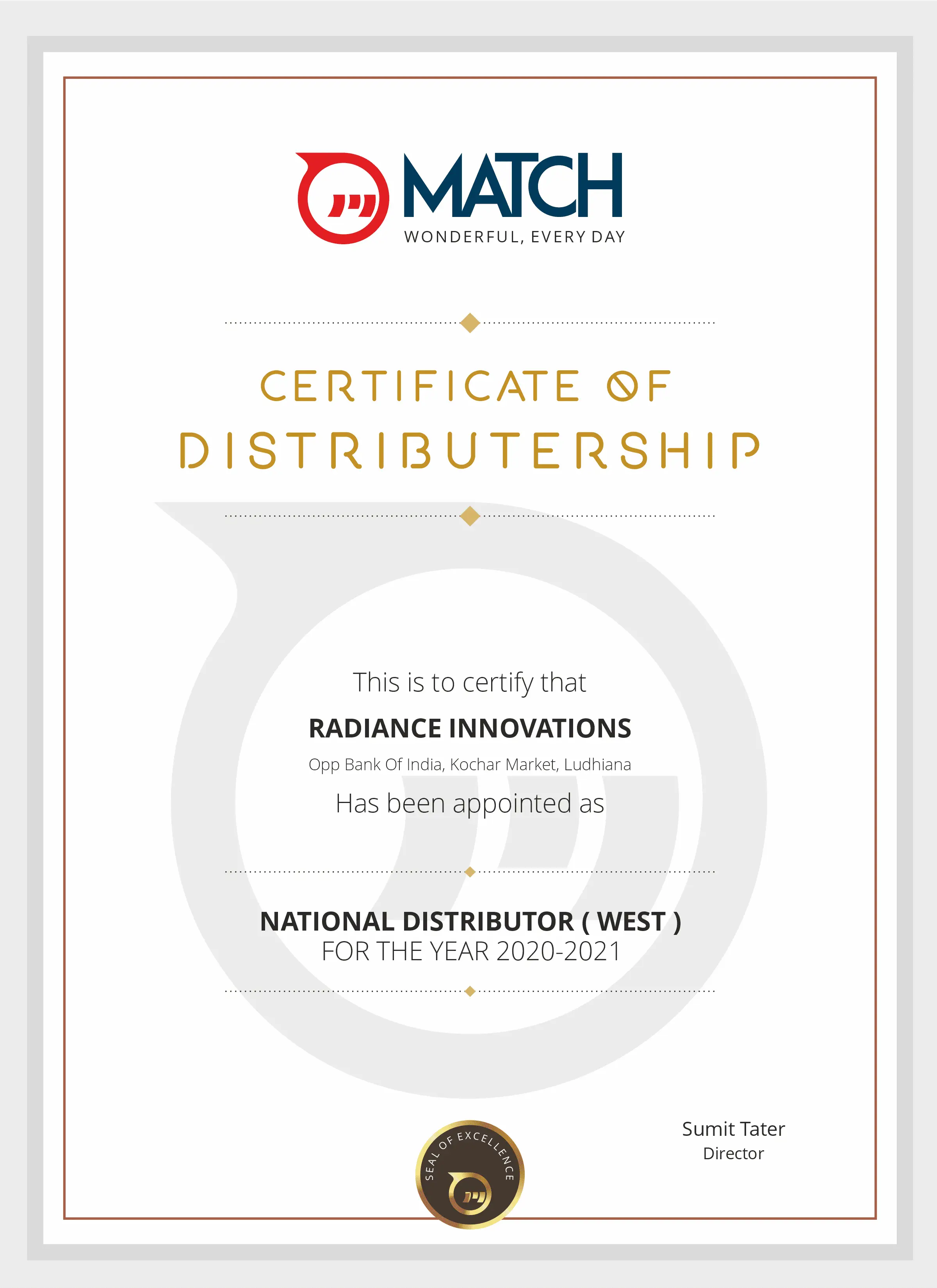 Match – Certificate of Distributorship Design