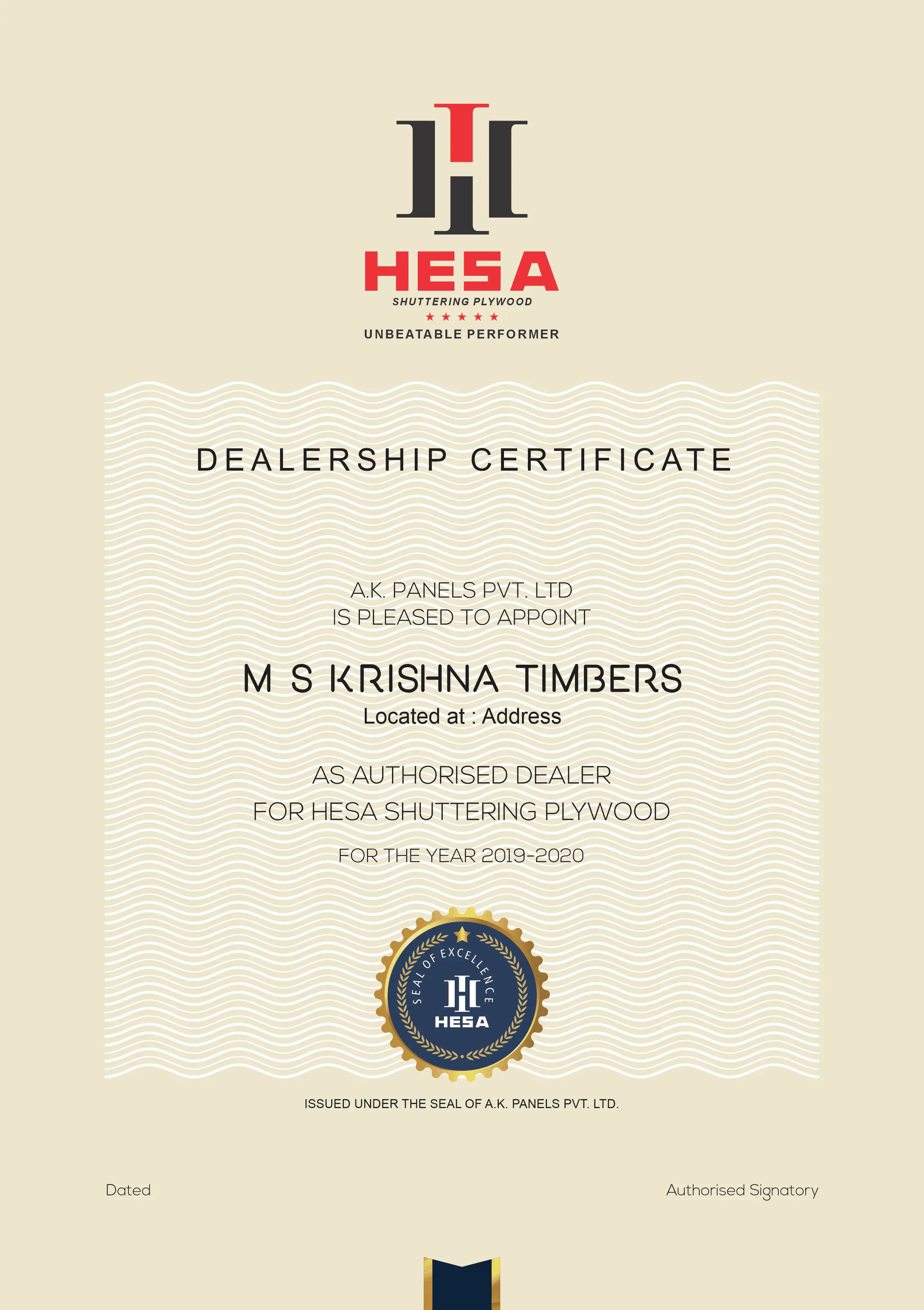 HESA Shuttering Plywood – Dealership Certificate Design