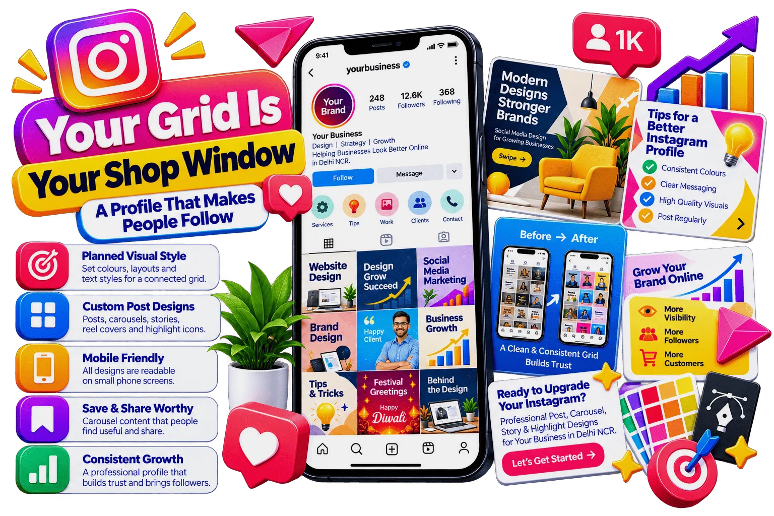 Instagram profile design Illustration of a hand holding a phone with social media apps