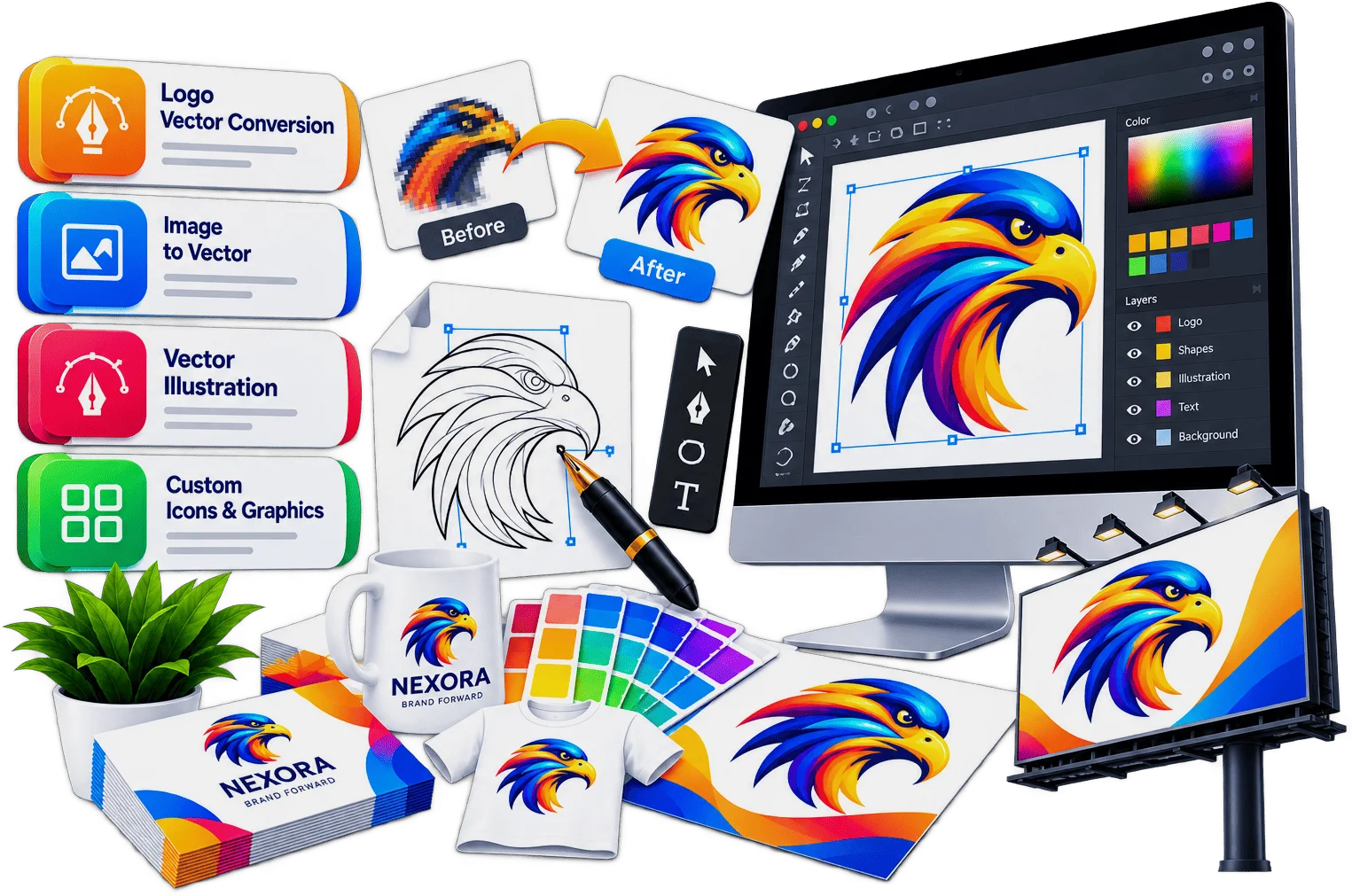 Illustration of a designer creating a logo on a laptop