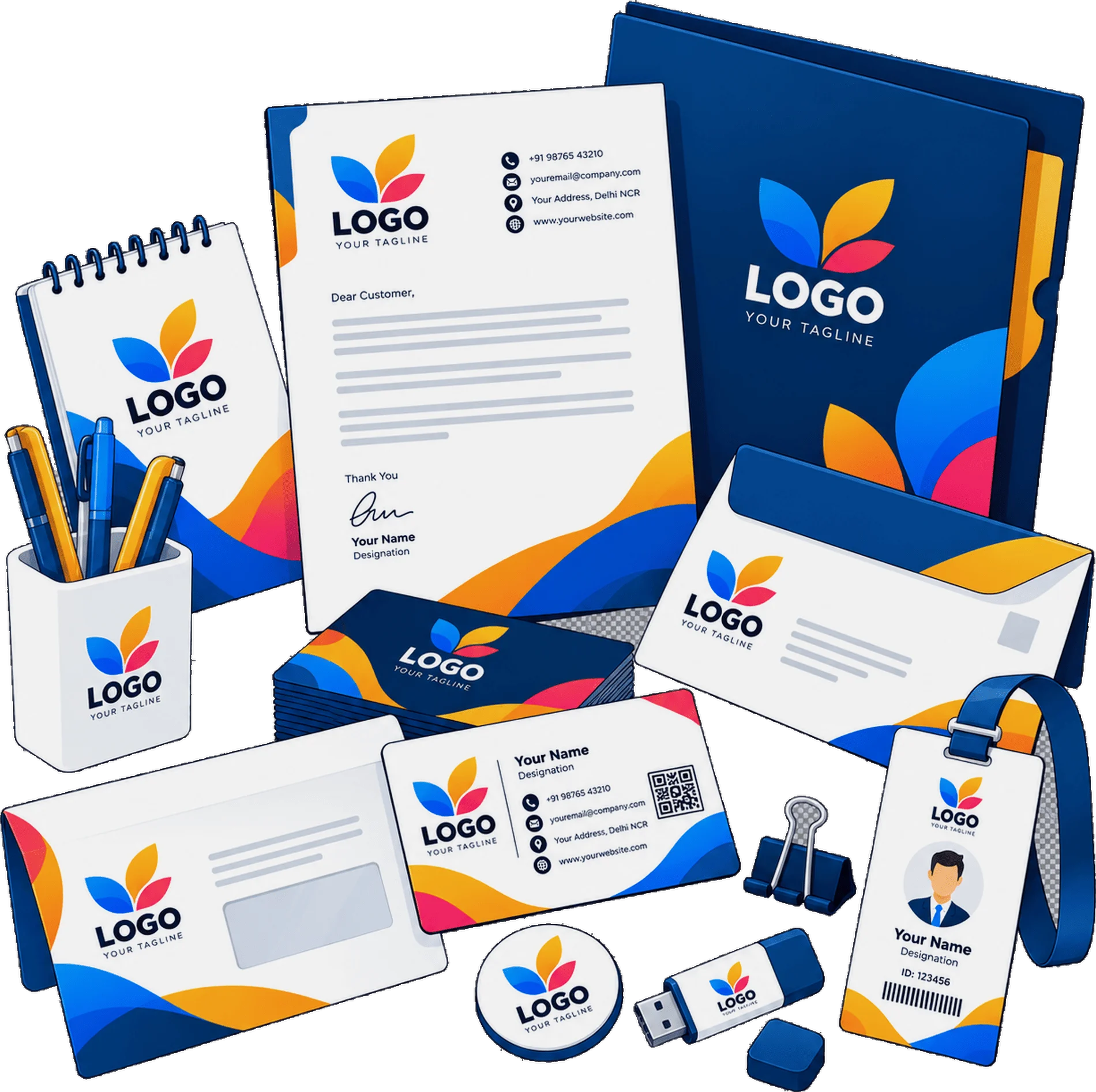 Illustration of a designer creating matching brand stationery