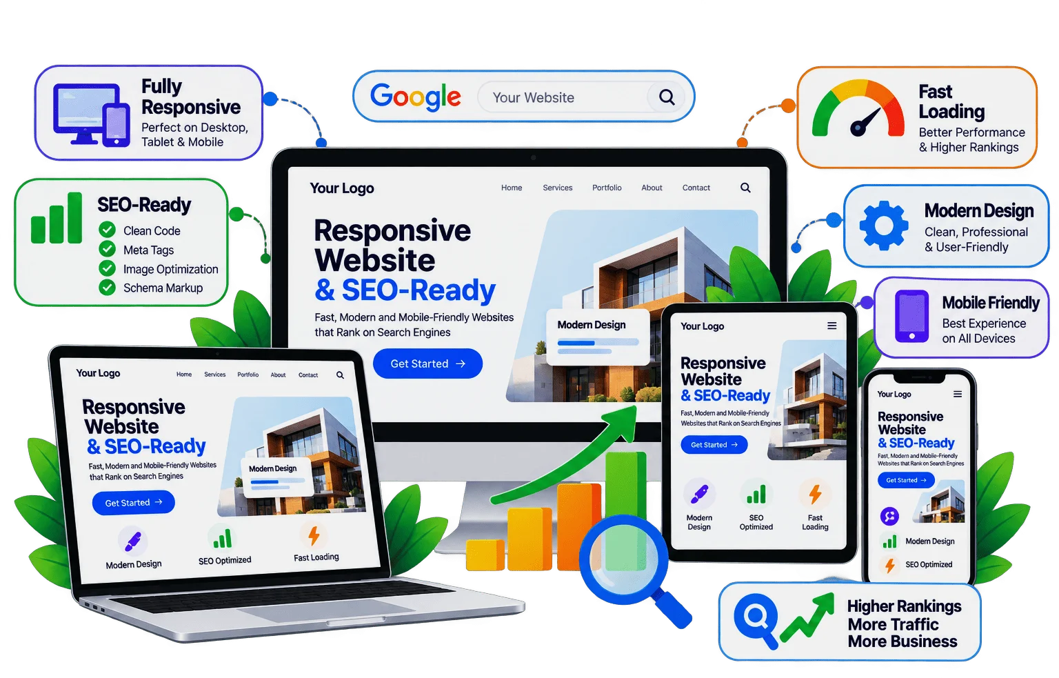 Pixel-perfect responsive HTML Responsive HTML pages shown on a laptop, tablet and phone