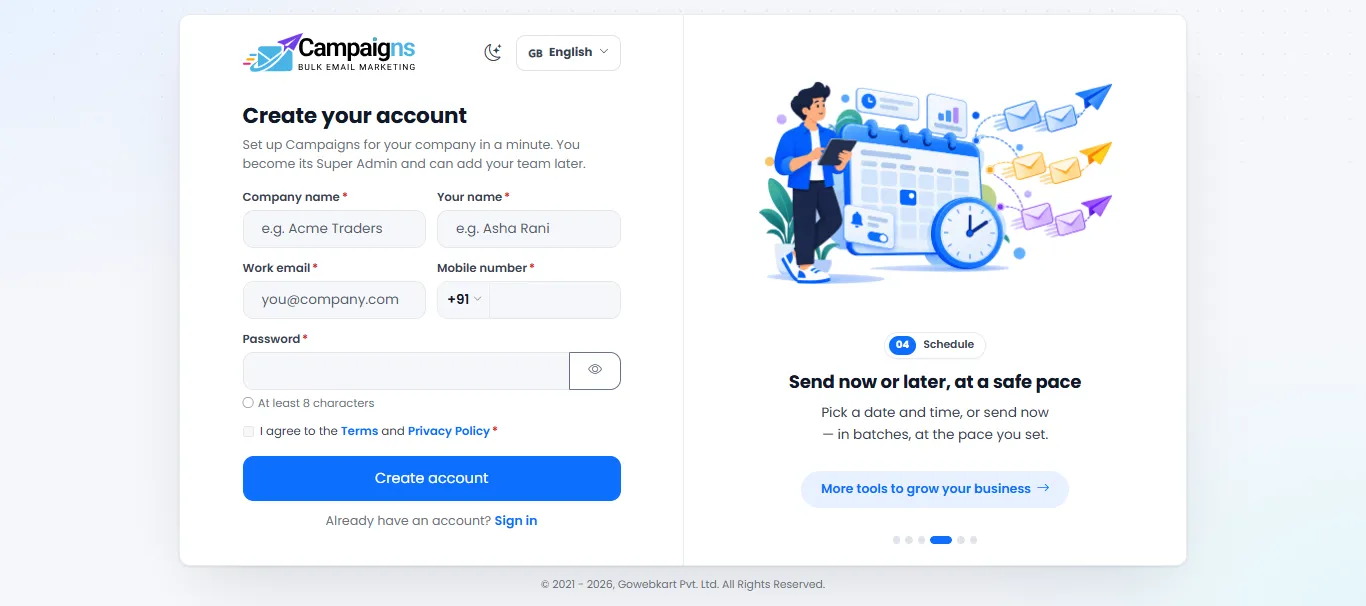 Create your account page of Gowebkart Campaigns: company, name, work email, mobile and password