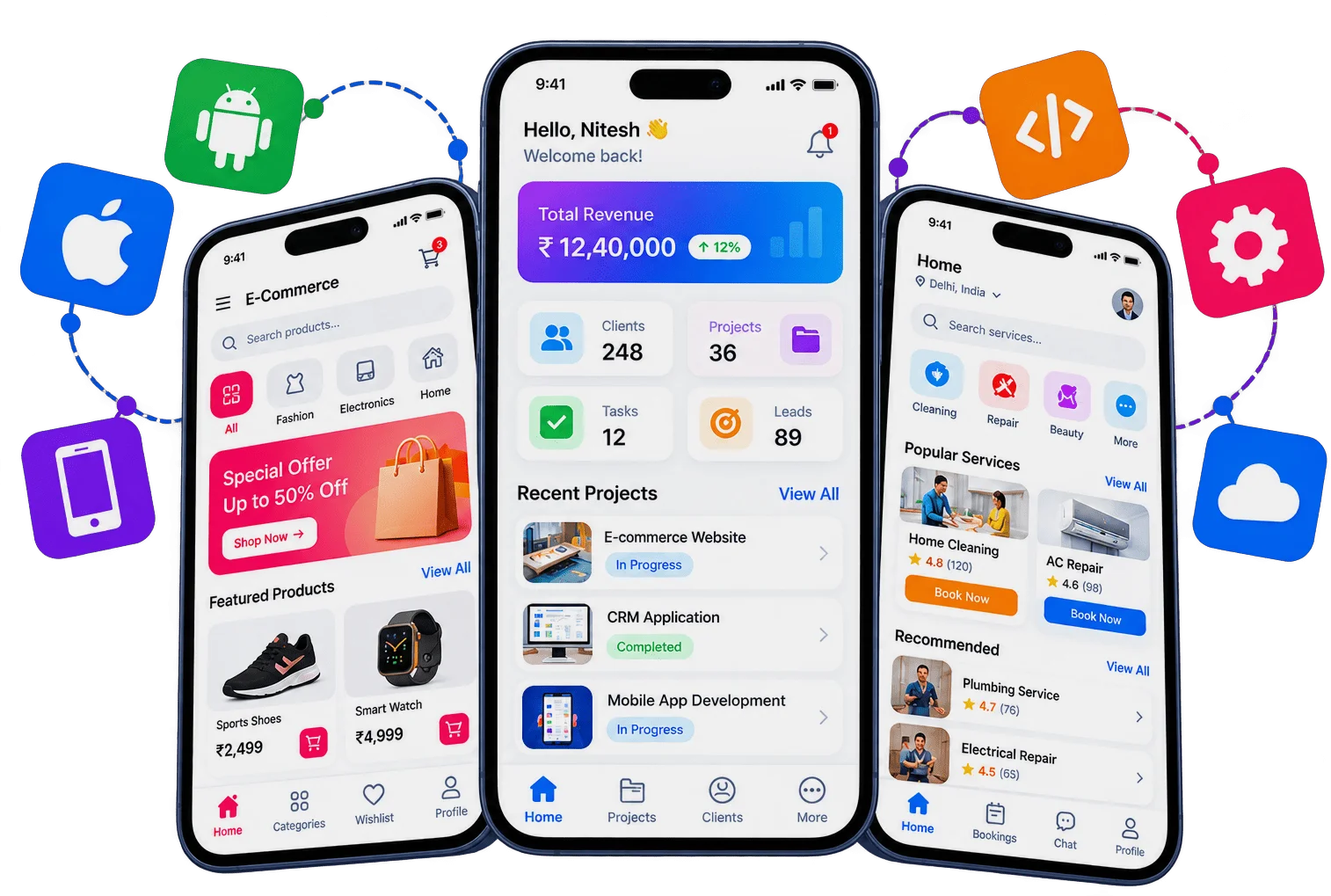 Illustration of a hand holding a phone with a business app