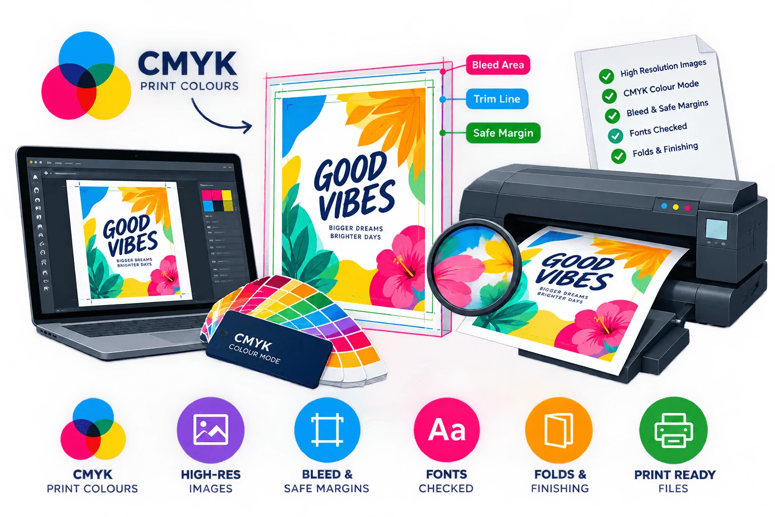 Graphic design illustration of print material being prepared