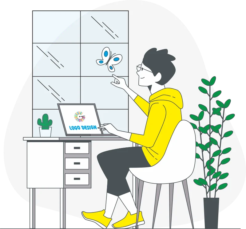 Illustration of a designer creating a logo on a laptop