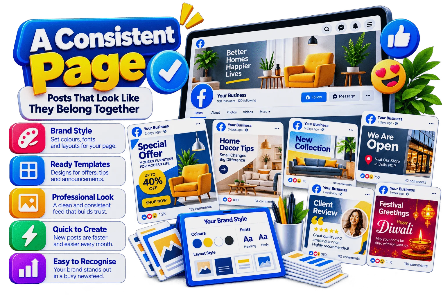 Consistent Facebook page design Illustration of social media and digital marketing
